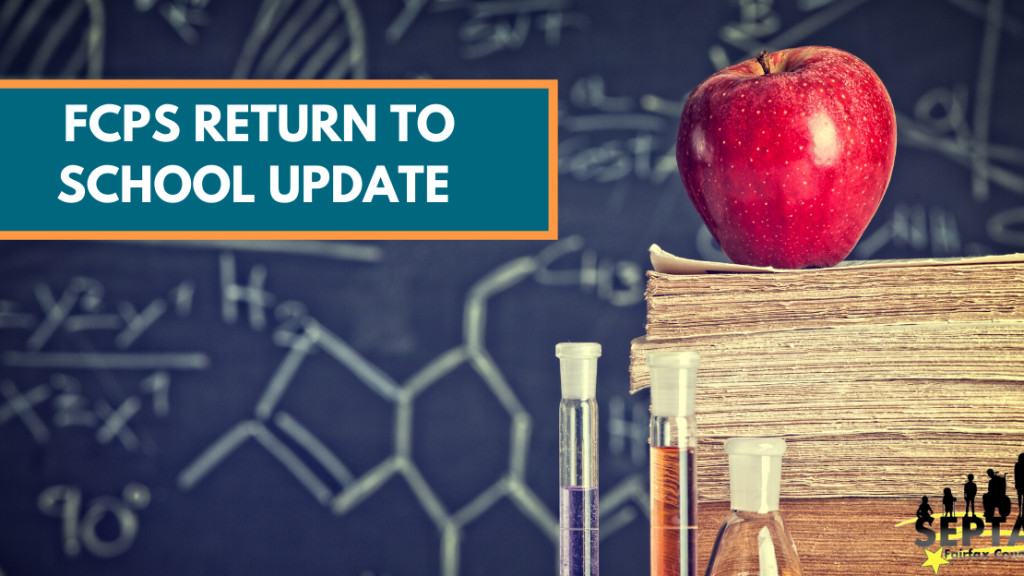 background is a chalkboard with mathematical equations written on it. Foreground is a stack of papers with an apple on top, with 3 test tubes in front of it. The text "FCPS Return to School Update" appears in the top left, while the SEPTA logo appears in the bottom right.